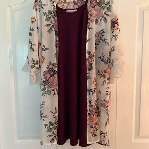 Floral Kimono and Burgundy Dress or tunic Set, gorgeous autumn colors